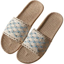 Lace Band Linen Slippers for Women Non-Slip Indoor House Shoes