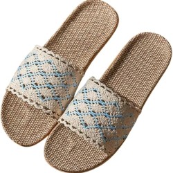 Lace Band Linen Slippers for Women Non-Slip Indoor House Shoes