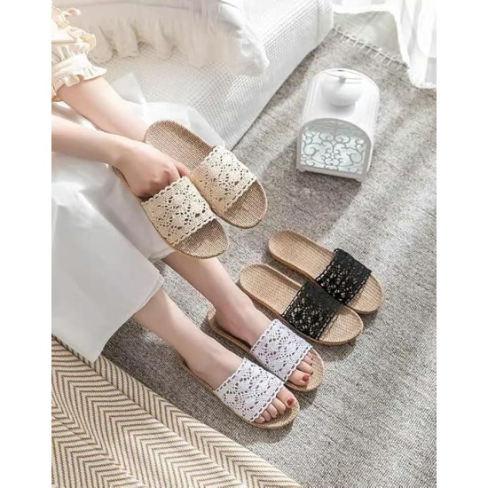 Lace Band Linen Slippers for Women Non-Slip Indoor House Shoes
