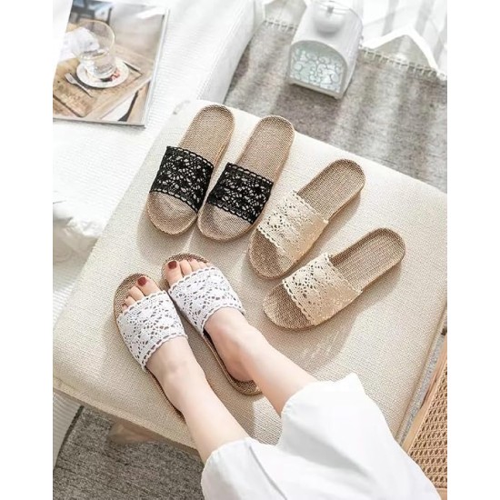 Lace Band Linen Slippers for Women Non-Slip Indoor House Shoes