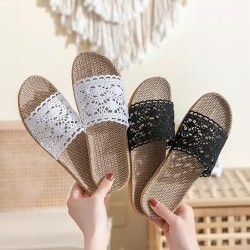 Lace Band Linen Slippers for Women Non-Slip Indoor House Shoes