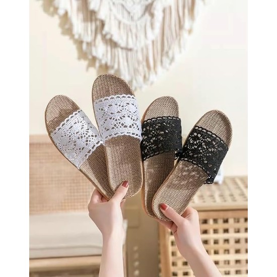 Lace Band Linen Slippers for Women Non-Slip Indoor House Shoes