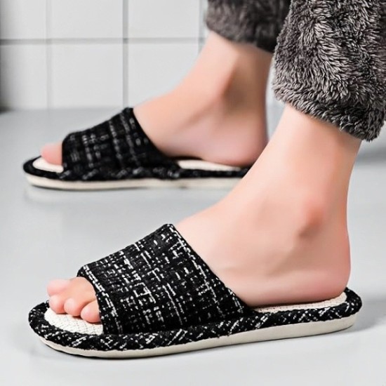 House Slippers Indoor Cotton Flax Slippers, Women's and Men's Casual Soft Non-slip Open Toed Mute Slippers