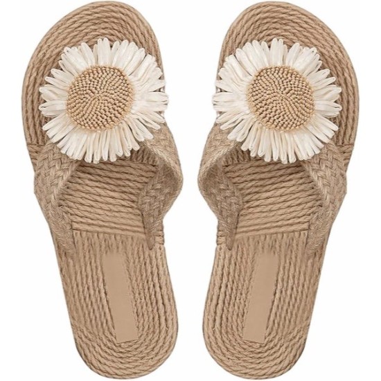 Women's Floral Decor Open Toe Linen Flip Flops Slipper Summer Vacation Slip on Slide Sandal