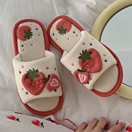 Women Kawaii Slippers Indoor Linen Slippers Strawberry Linen Cotton Slippers Home Floor Non-Slip Slides